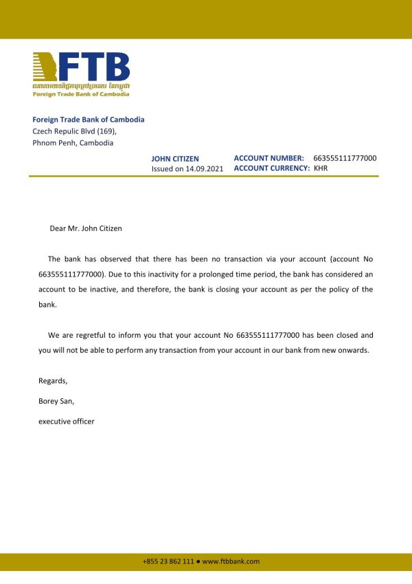 Download Cambodia Foreign Trade Bank of Cambodia Bank Reference Letter Templates | Editable Word