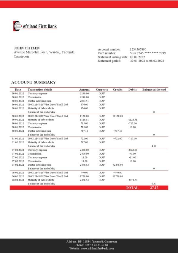 Cameroon Afriland First bank statement Word and PDF template