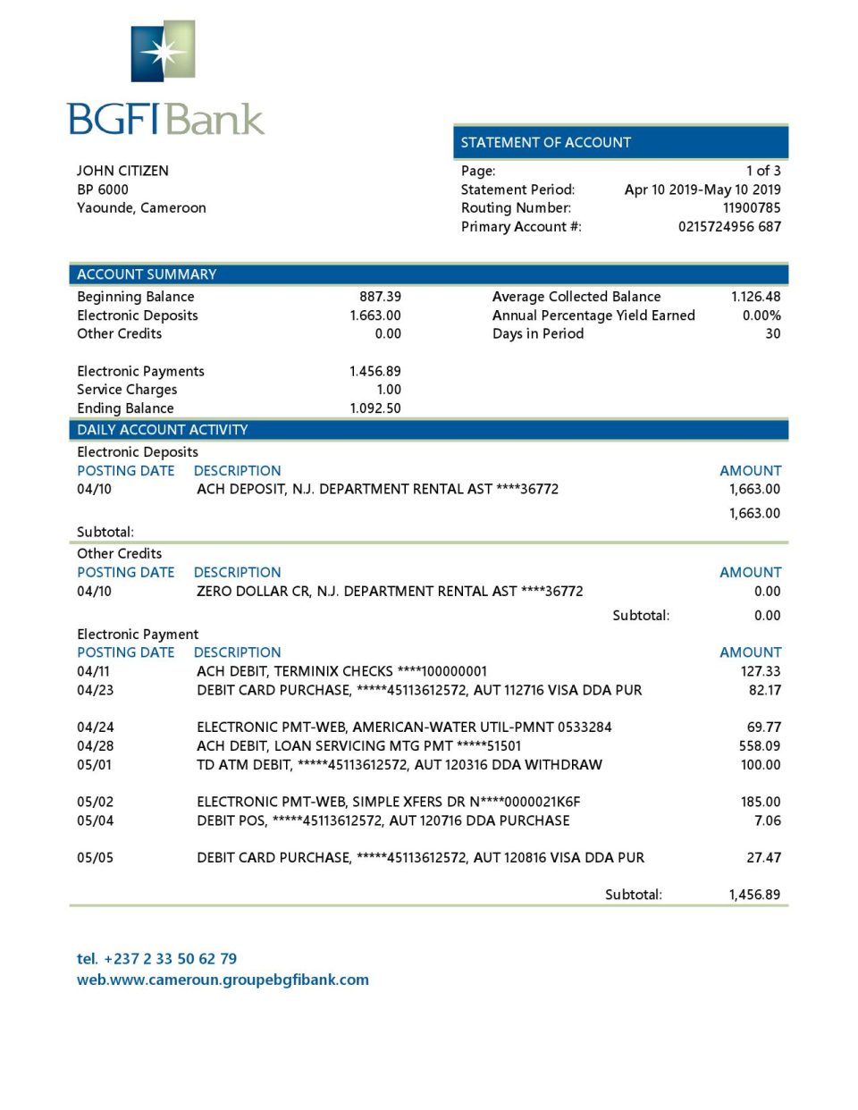 Cameroon BGFI Bank statement template in Word and PDF format
