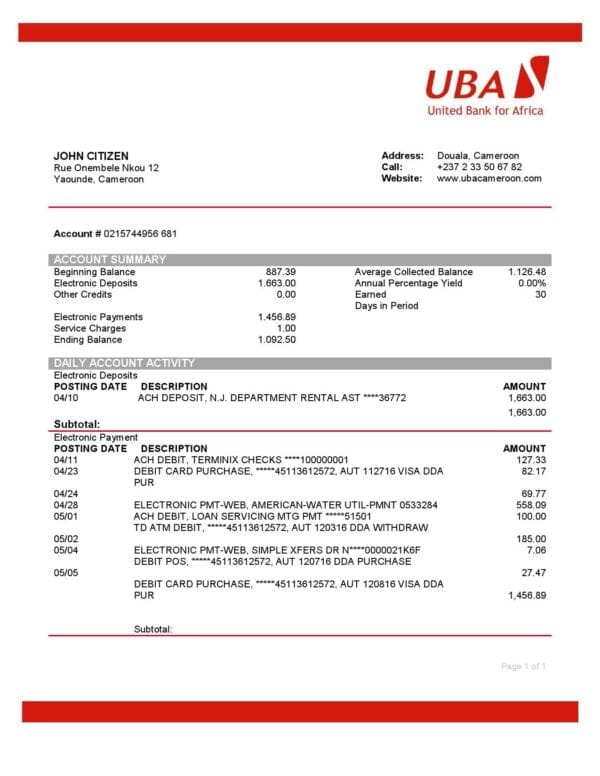 Cameroon UBA bank statement template in Word and PDF format