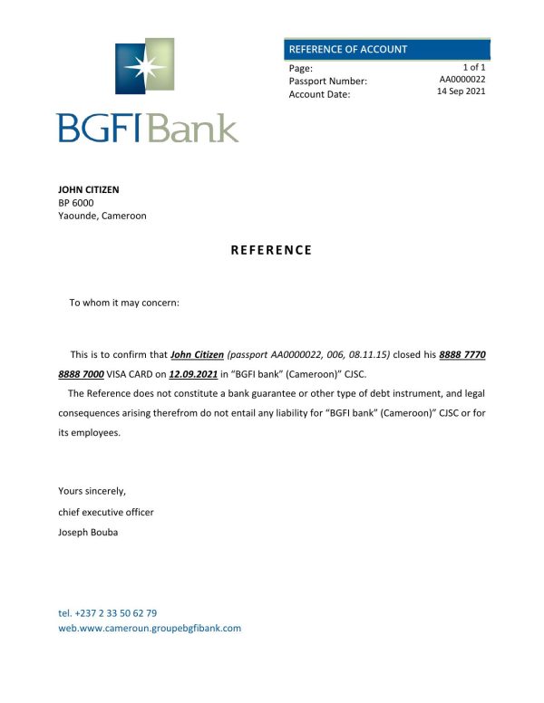 Cameroon BGFI Bank account closure reference letter template in Word and PDF format