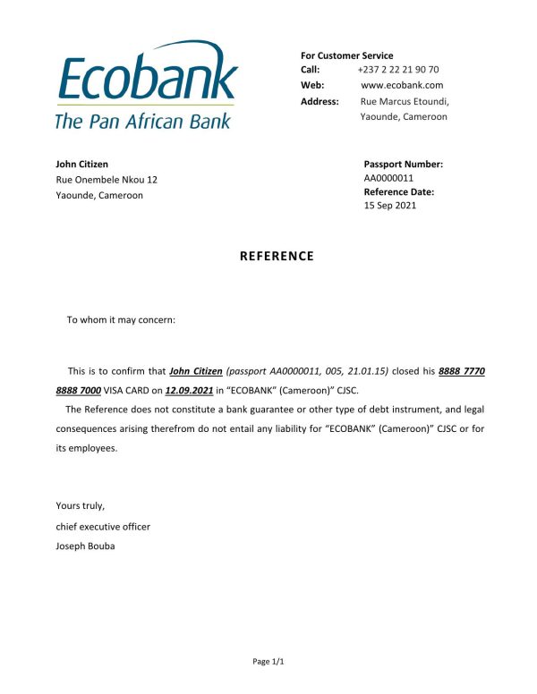 Cameroon Ecobank account closure reference letter template in Word and PDF format