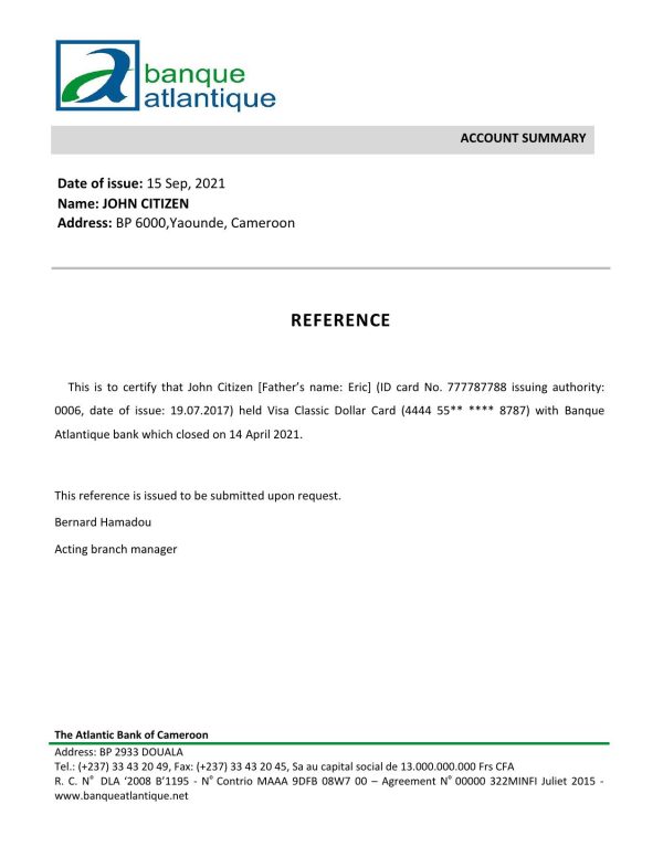 Cameroon The Atlantic bank account closure reference letter template in Word and PDF format