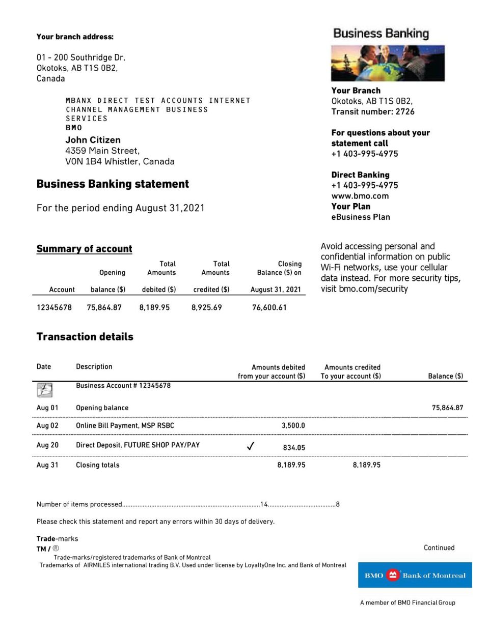 Canada BMO Bank of Montreal Bank proof of address statement template in Word and PDF format (.doc and .pdf)
