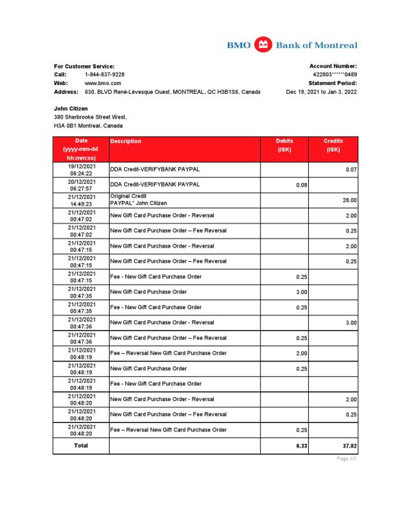 Canada Bank of Montreal bank statement Excel and PDF template (AutoSum)