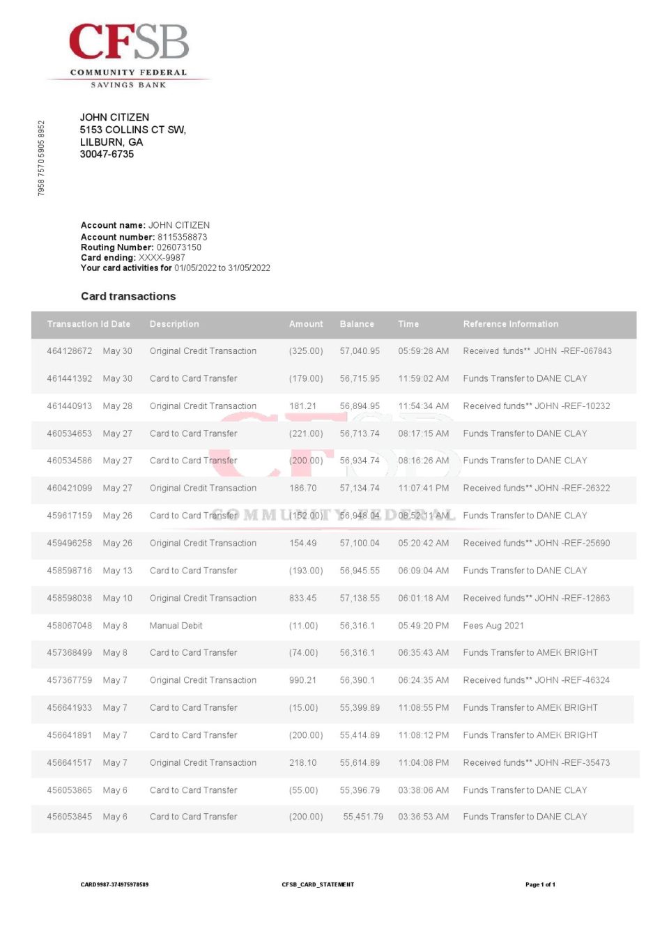 Canada CFSB bank statement, Word and PDF template