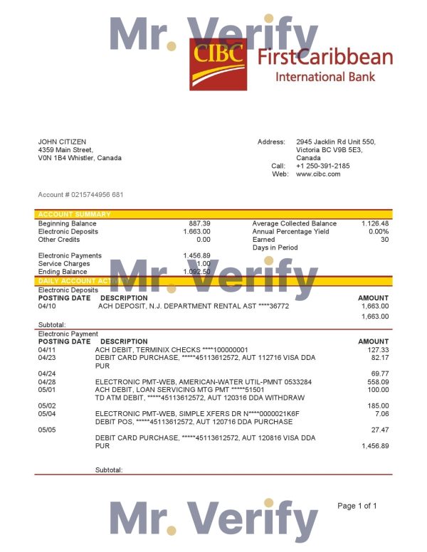 Canada CIBC Bank statement template in Excel and PDF format (AutoSum)
