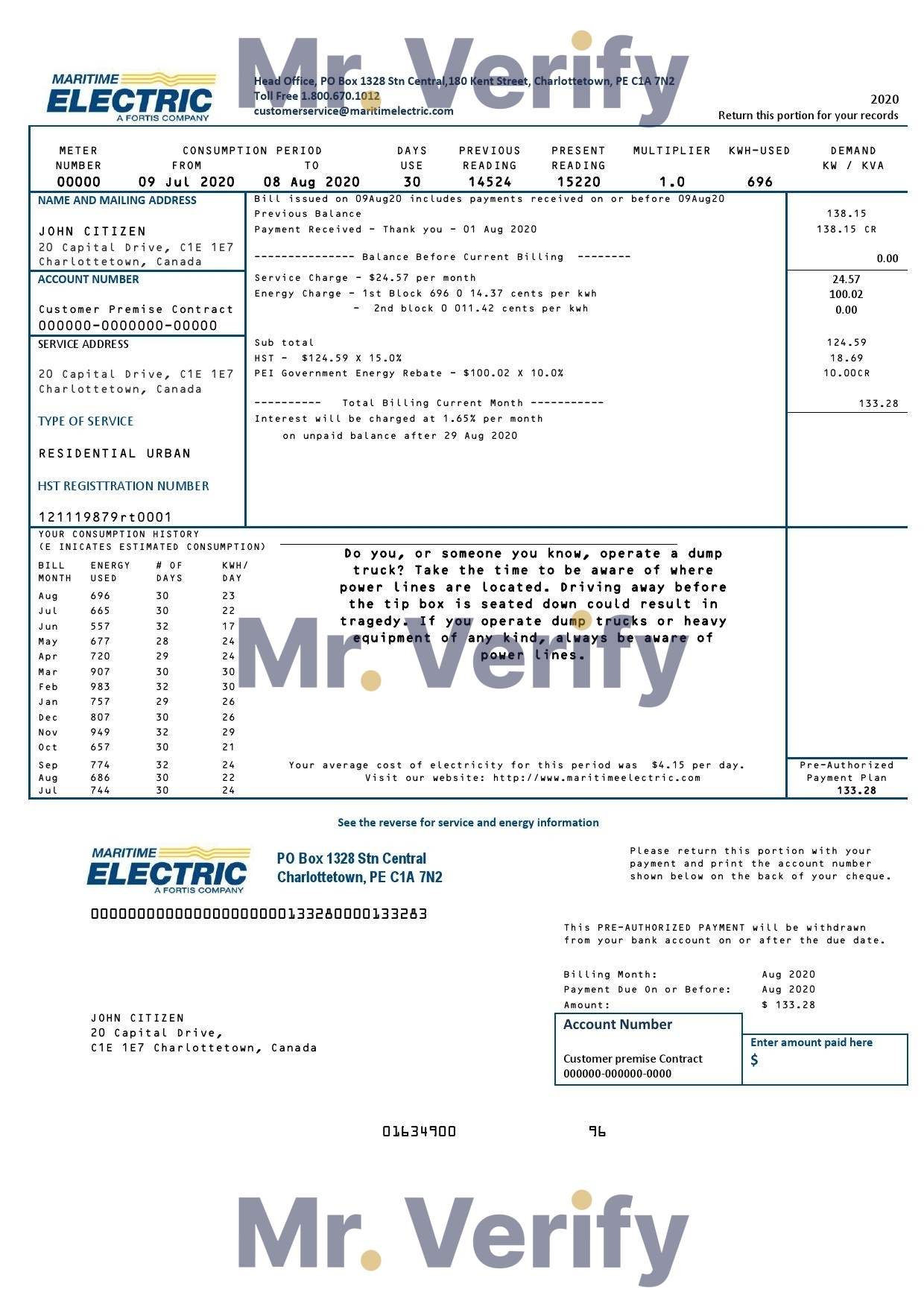 Canada Maritime Electric utility bill template in Word and PDF format