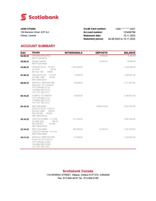 Canada Scotiabank bank statement Excel and PDF template, fully editable (AutoSum)