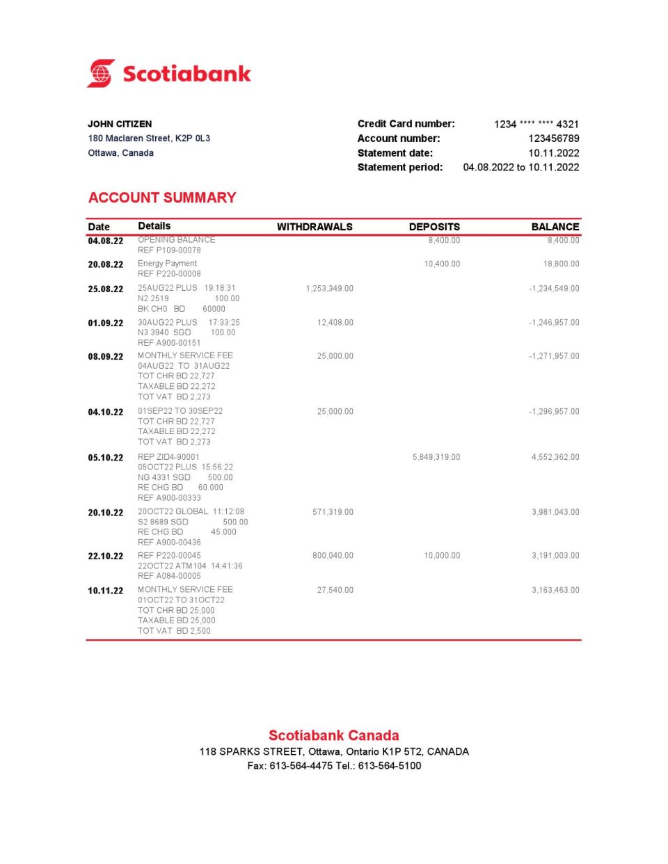 Canada Scotiabank bank statement Excel and PDF template, fully editable (AutoSum)