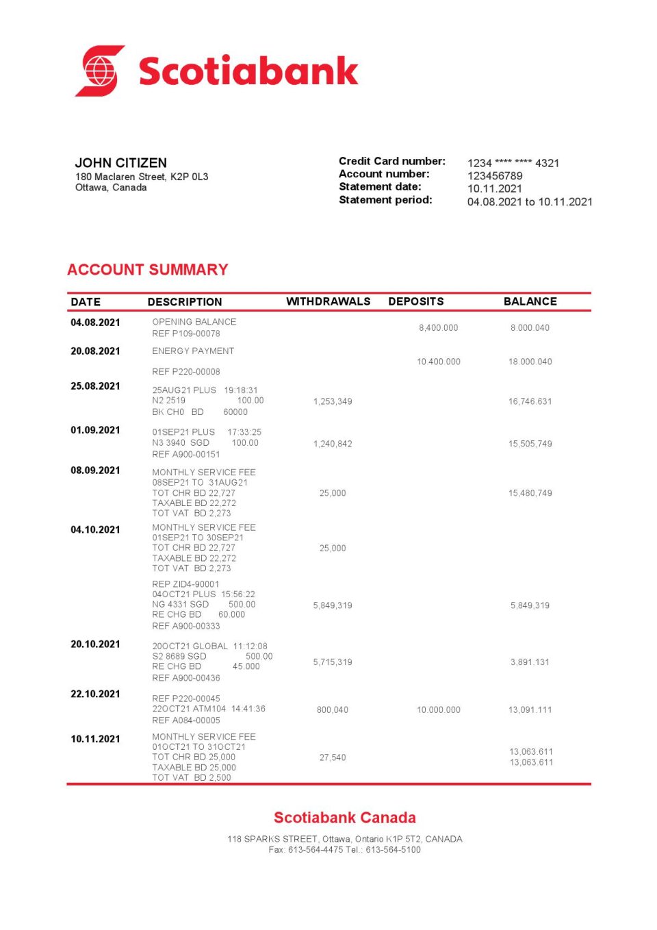 Canada Scotiabank bank statement template in Word and PDF format