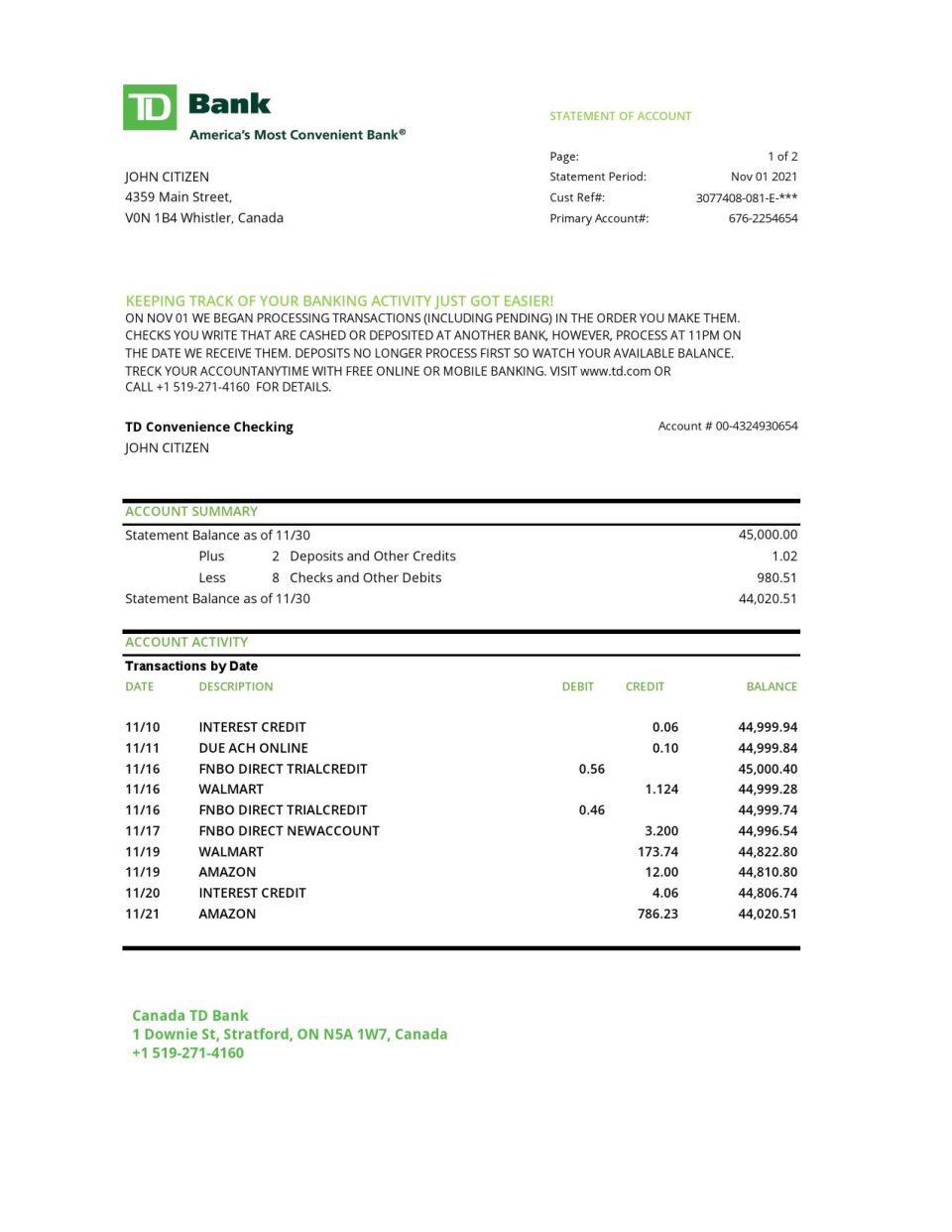 Canada TD Bank statement easy to fill template in Excel and PDF format (AutoSum)