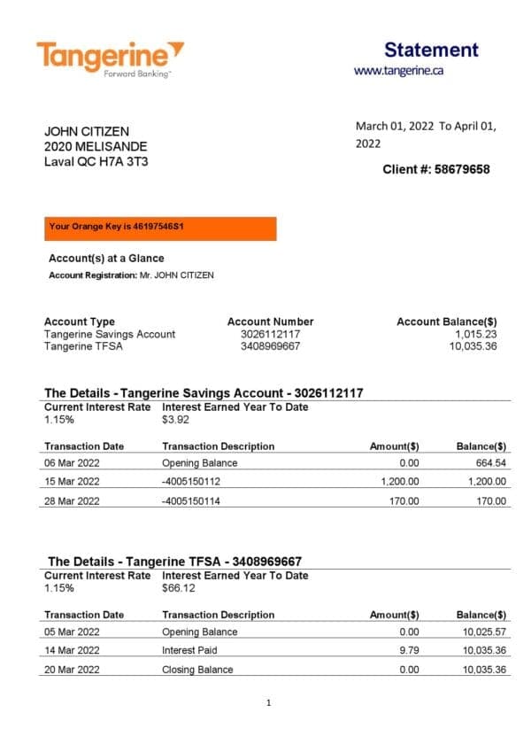 Canada Tangerine bank statement Word and PDF template, 2 pages