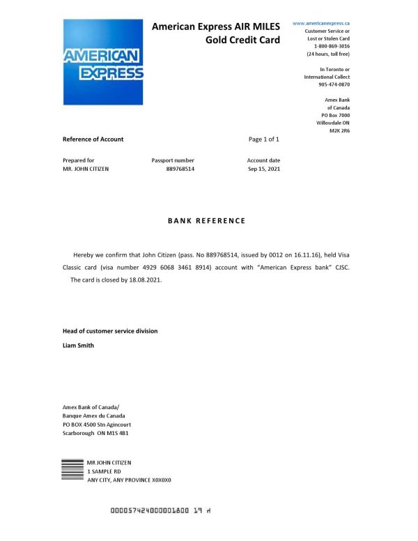 Download Canada American Express Air Miles Bank Reference Letter Templates | Editable Word