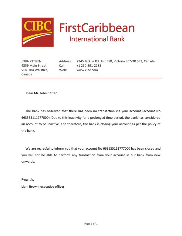 Canada CIBC Bank account closure reference letter template in Word and PDF format