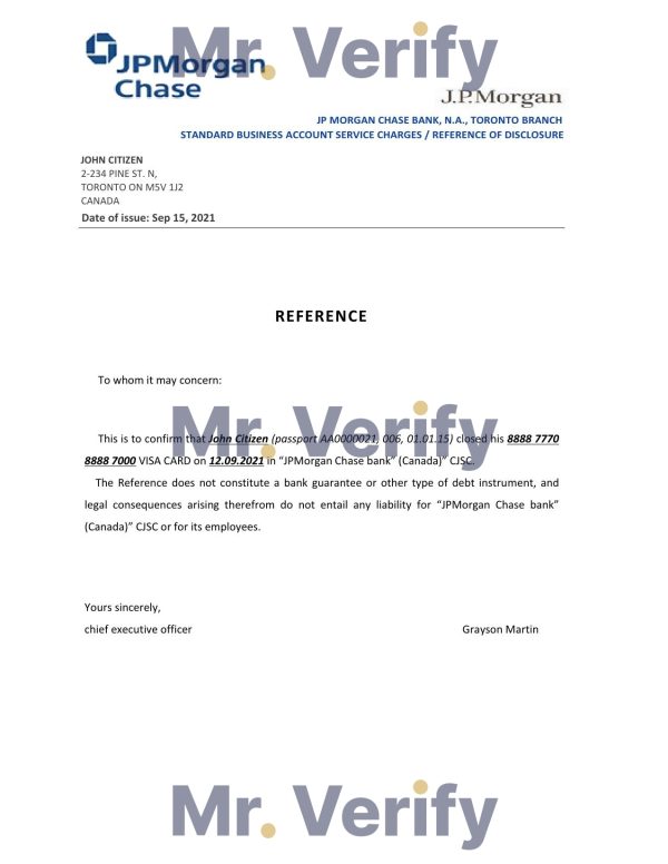 Canada JPMorgan Chase bank account closure reference letter template in Word and PDF format