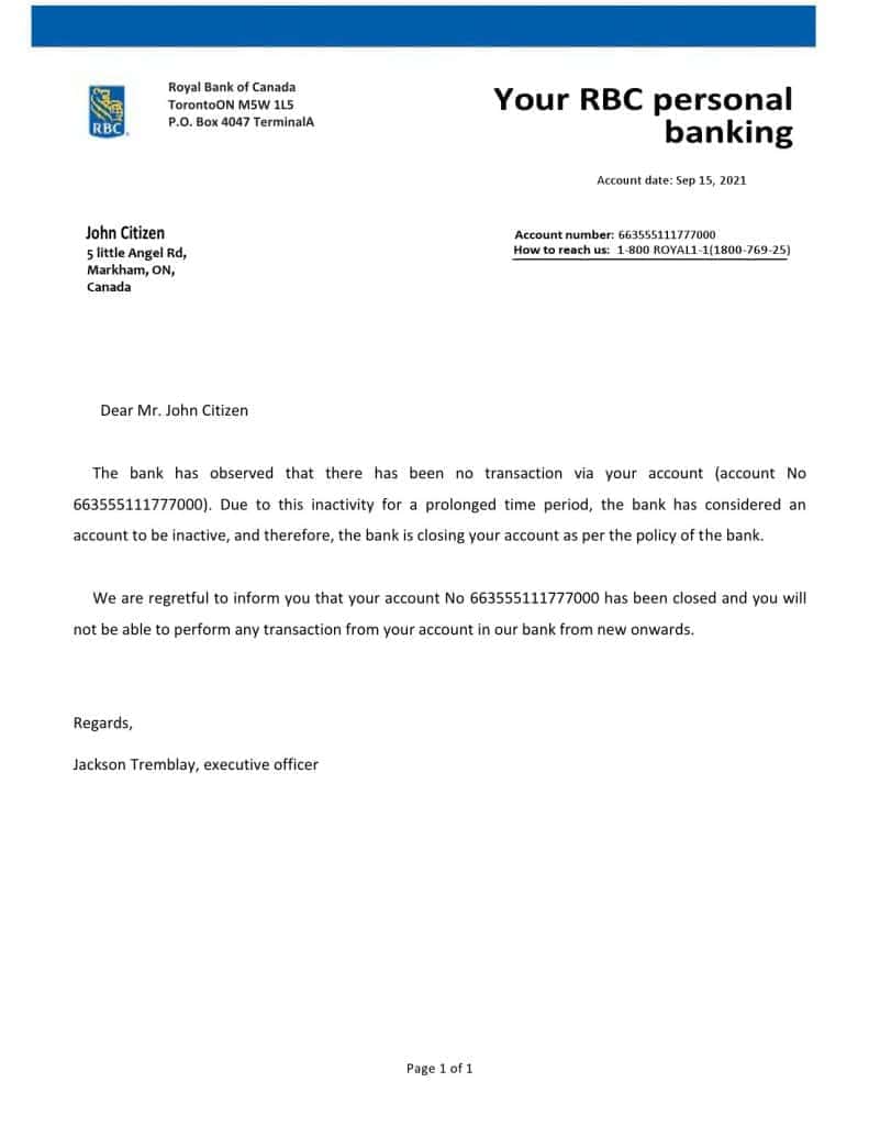 Canada RBC Bank Reference Letter Templates