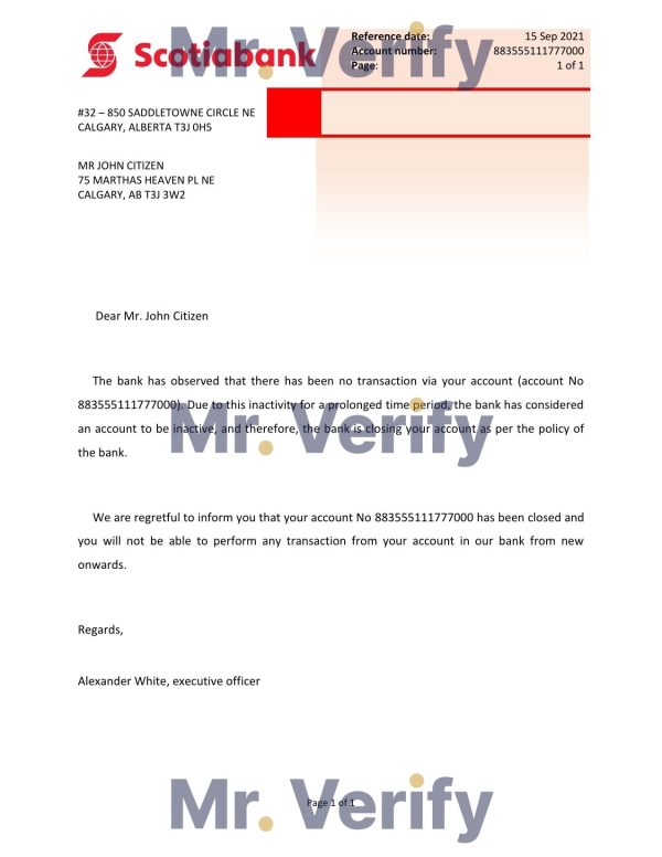 Canada Scotiabank account closure reference letter template in Word and PDF format