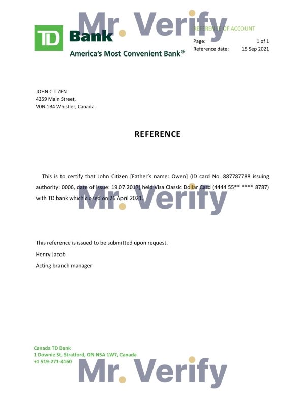 Canada TD Bank account closure reference letter template in Word and PDF format