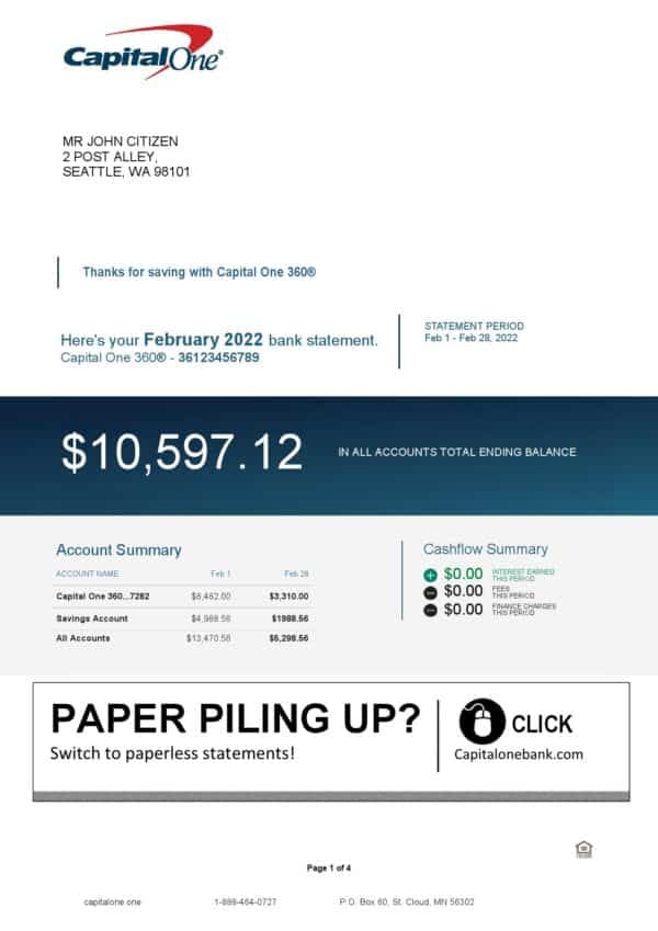 USA Capital One bank statement Word and PDF template, 4 pages