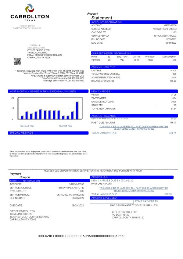 USA Texas Carrollton utility bill template in Word and PDF format