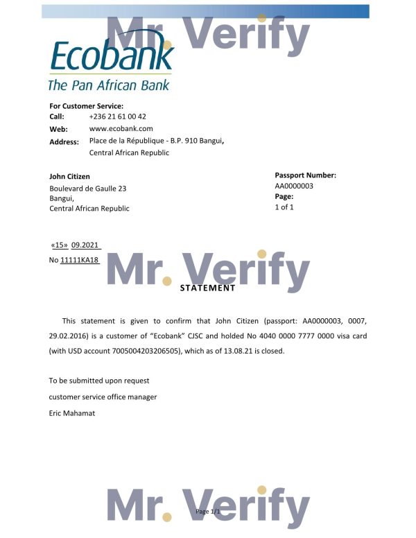 Central African Republic Ecobank bank account closure reference letter template in Word and PDF format