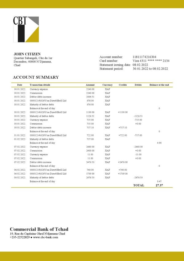 Chad Commercial Bank of Tchad bank statement template in Word and PDF format