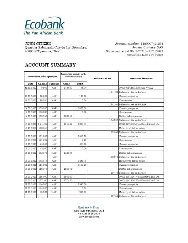 Chad Ecobank bank statement Excel and PDF template, completely editable (AutoSum)