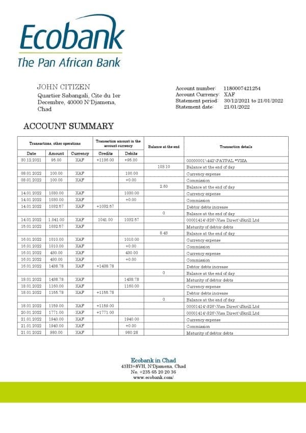 Chad Ecobank bank statement template in Word and PDF format