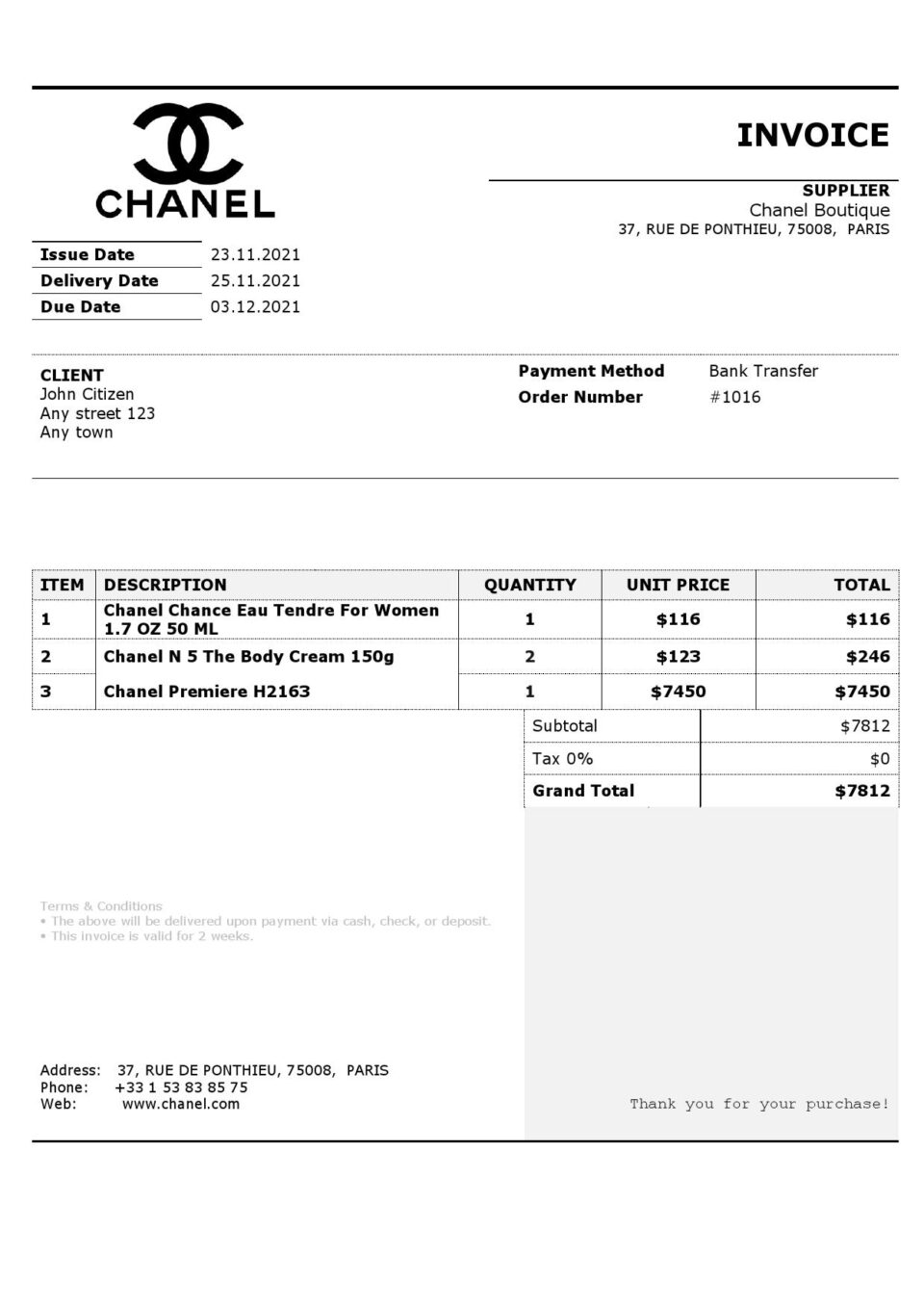 USA Chanel invoice template in Word and PDF format