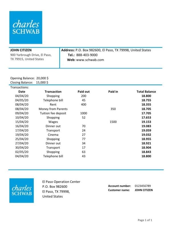 USA Charles Schwab and Co bank proof of address statement template in Word and PDF format
