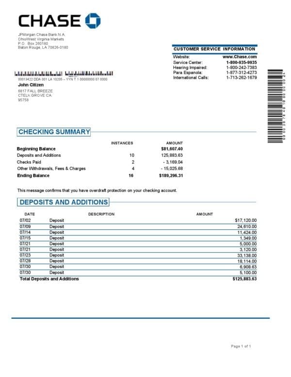USA JP Morgan Chase bank proof of address statement template in Word and PDF format, .doc and .pdf format