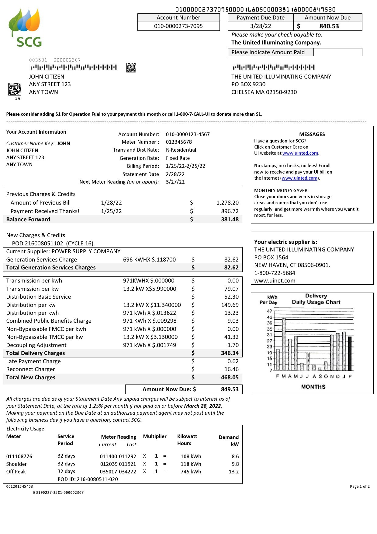 USA Massachusetts Chelsea UI The United Illuminating Company utility bill Word and PDF template