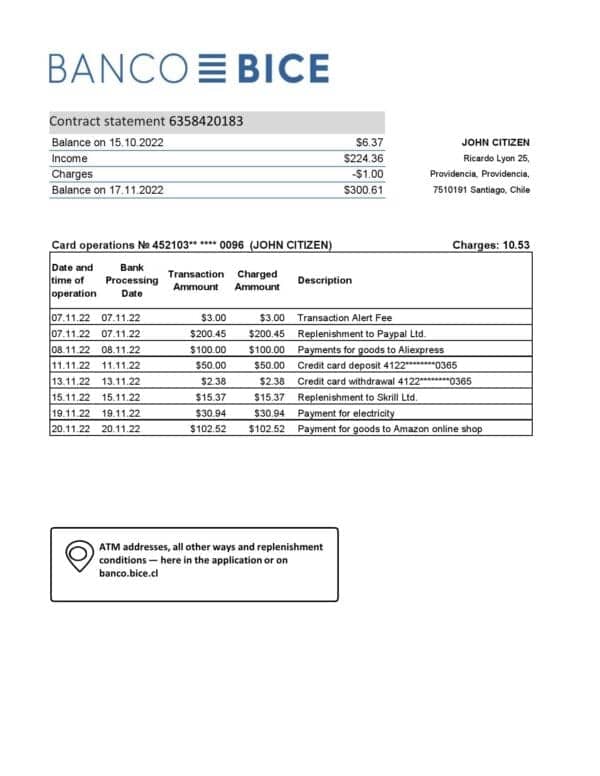 Chile Banco Bice bank statement Excel and PDF template (AutoSum)