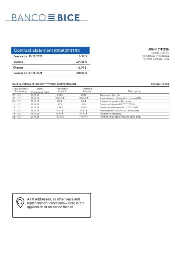 Chile Banco Bice bank statement template in Word and PDF format