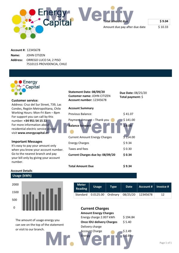 Chile Energy Capital utility bill template in Word and PDF format