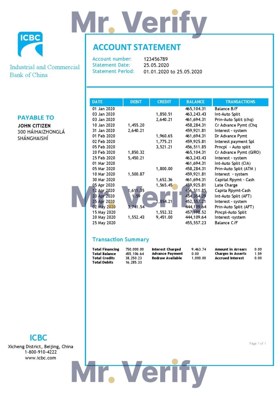 China Industrial and Commercial Bank of China bank statement template in Word and PDF format