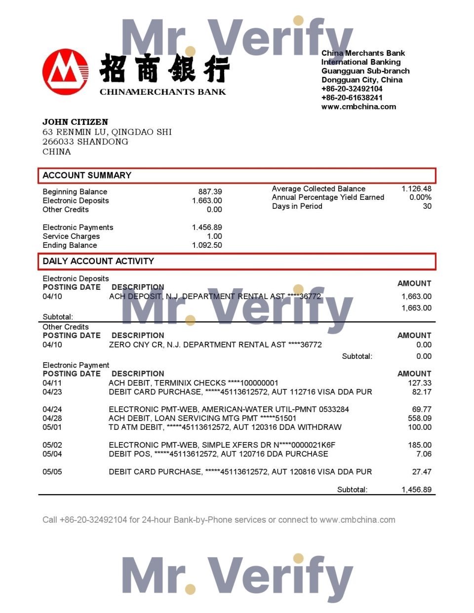 China Merchants bank proof of address statement template in Word and PDF format