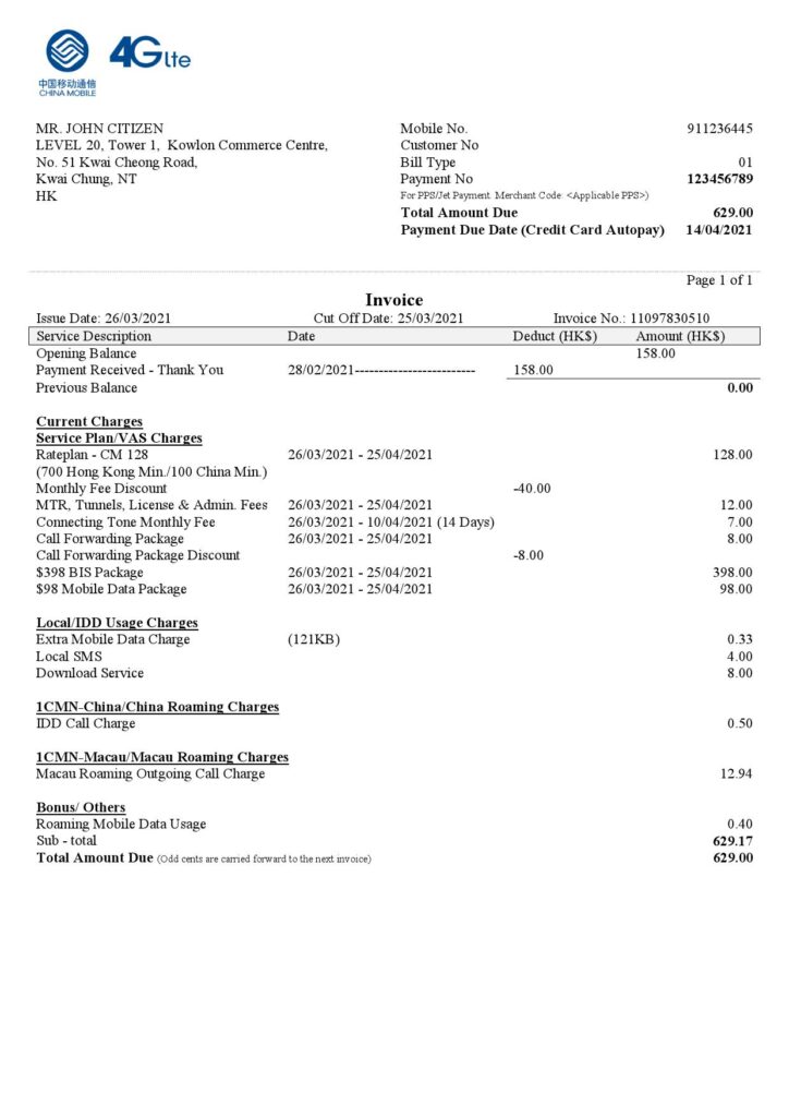 China Mobile Limited payment invoice template in .doc and .pdf format