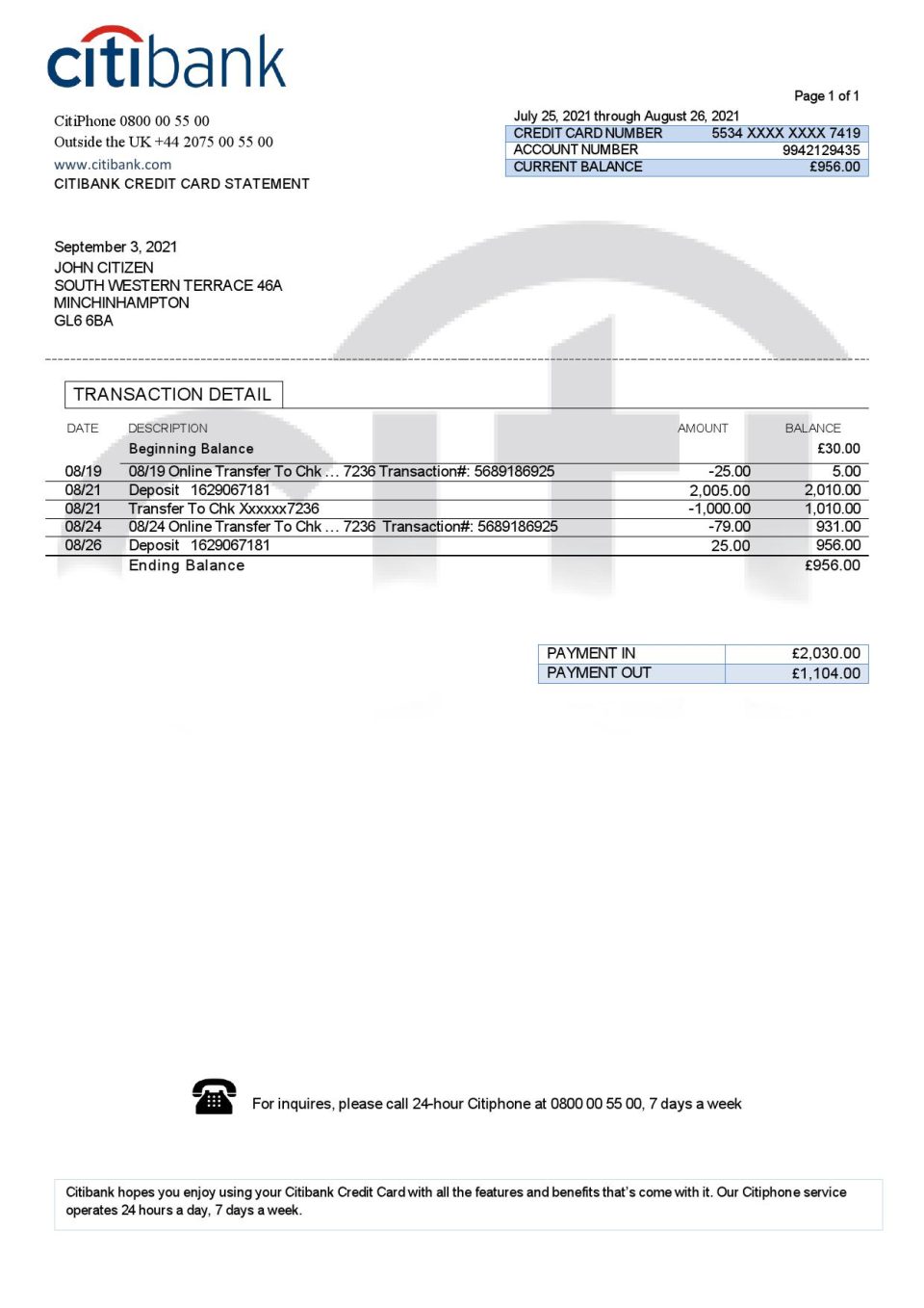 United Kingdom Citibank bank statement template in .doc and .pdf format