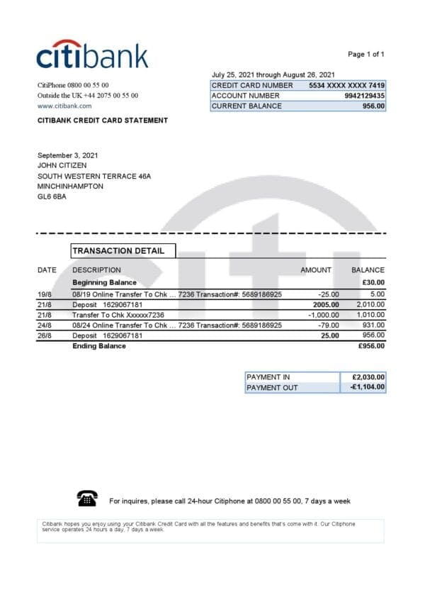 United Kingdom Citibank bank statement template in .xls and .pdf format