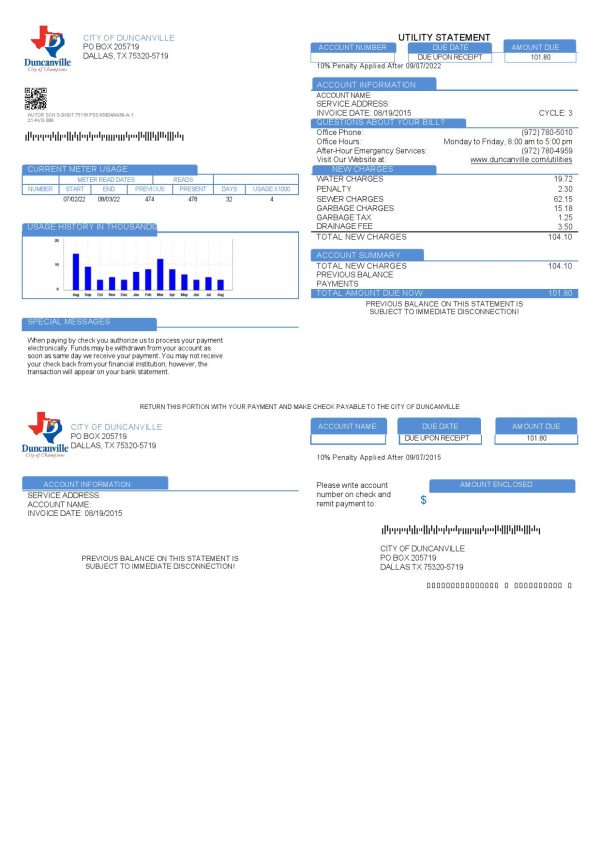 USA Texas City of Duncanville utility bill template in Word and PDF format