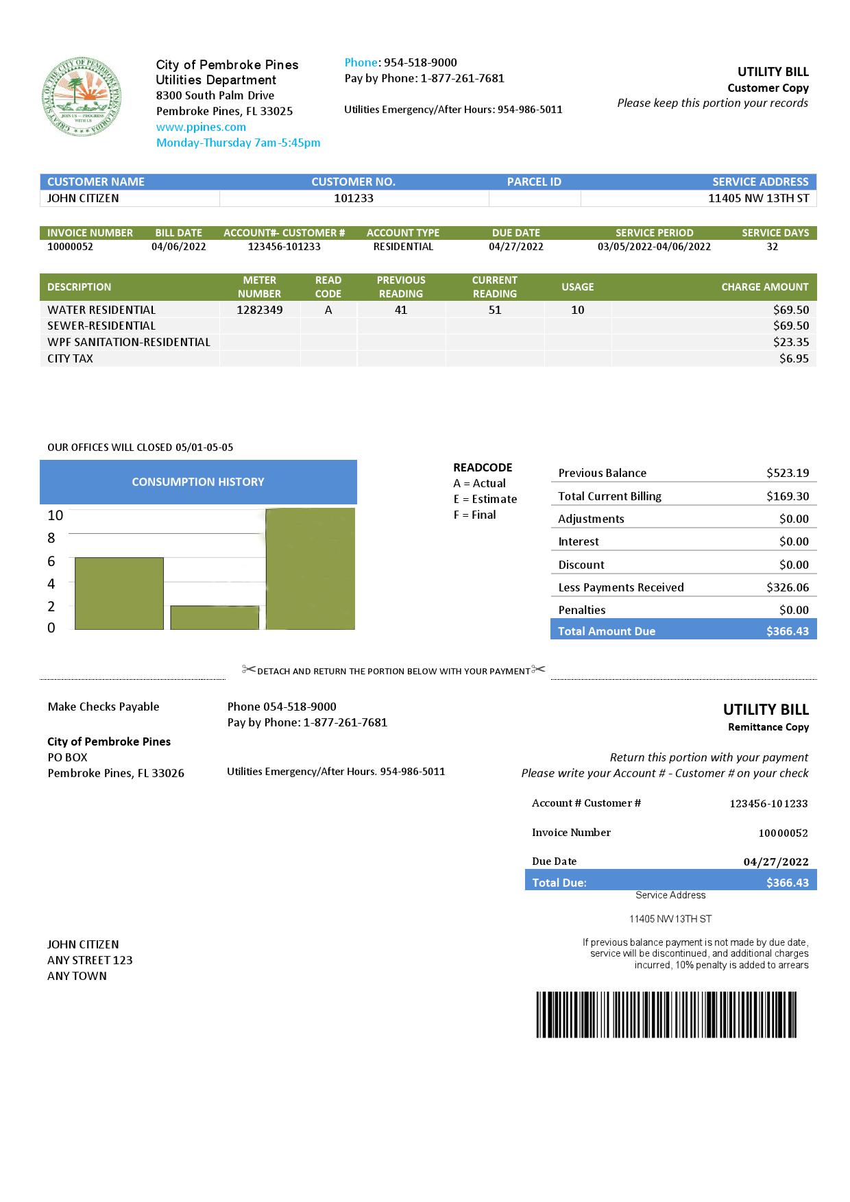 USA Florida City of Pembroke Pines Utilities Department utility bill template in Word and PDF format