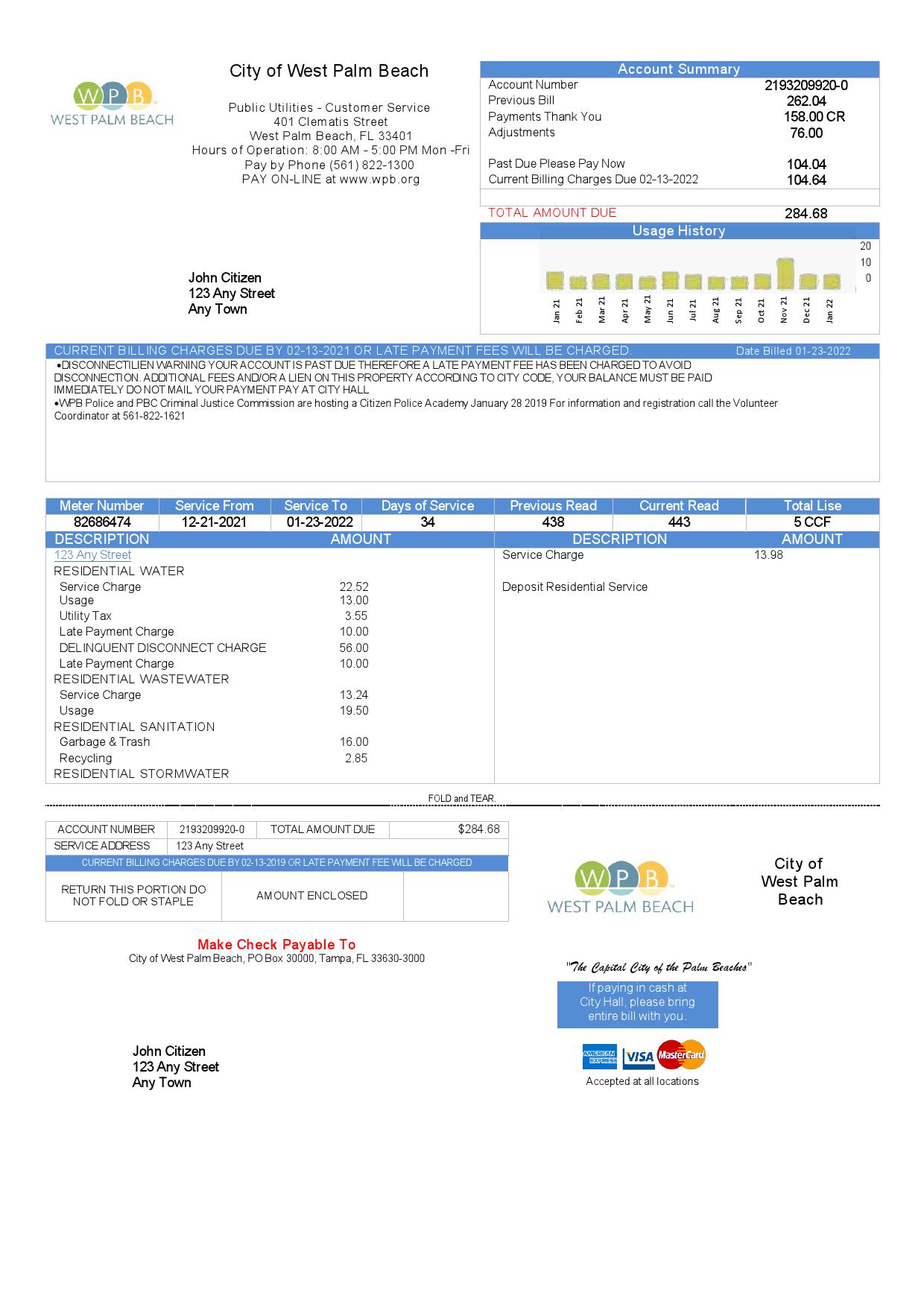 USA Florida City of West Palm Beach utility bill template in Word and PDF format