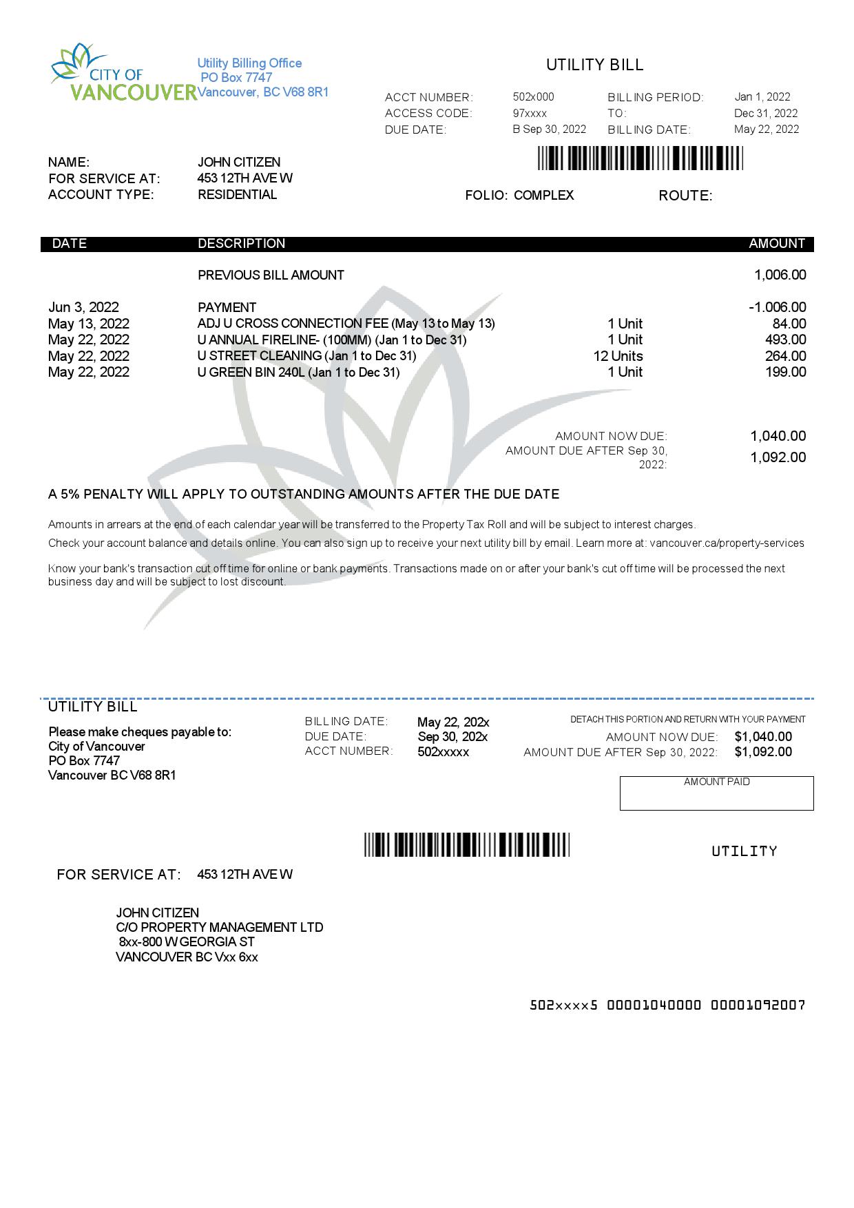 Canada British Columbia City of Vancouver utility bill template in Word and PDF format