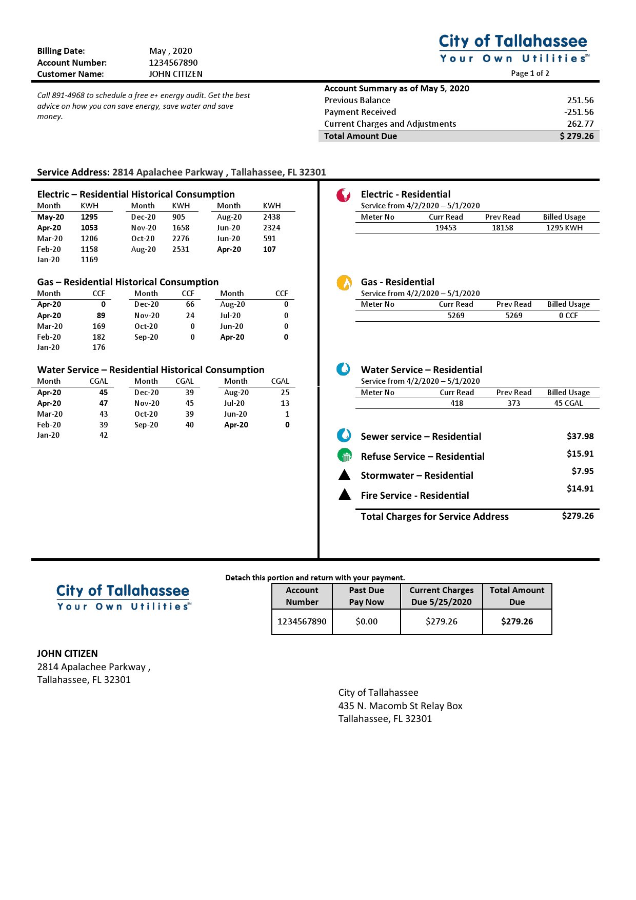 USA Florida City of Tallahassee Florida Your Own Utilities bill template in Word and PDF format