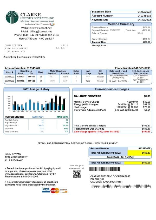 USA Iowa Clarke Electric Cooperative, Inc utility bill template in Word and PDF format