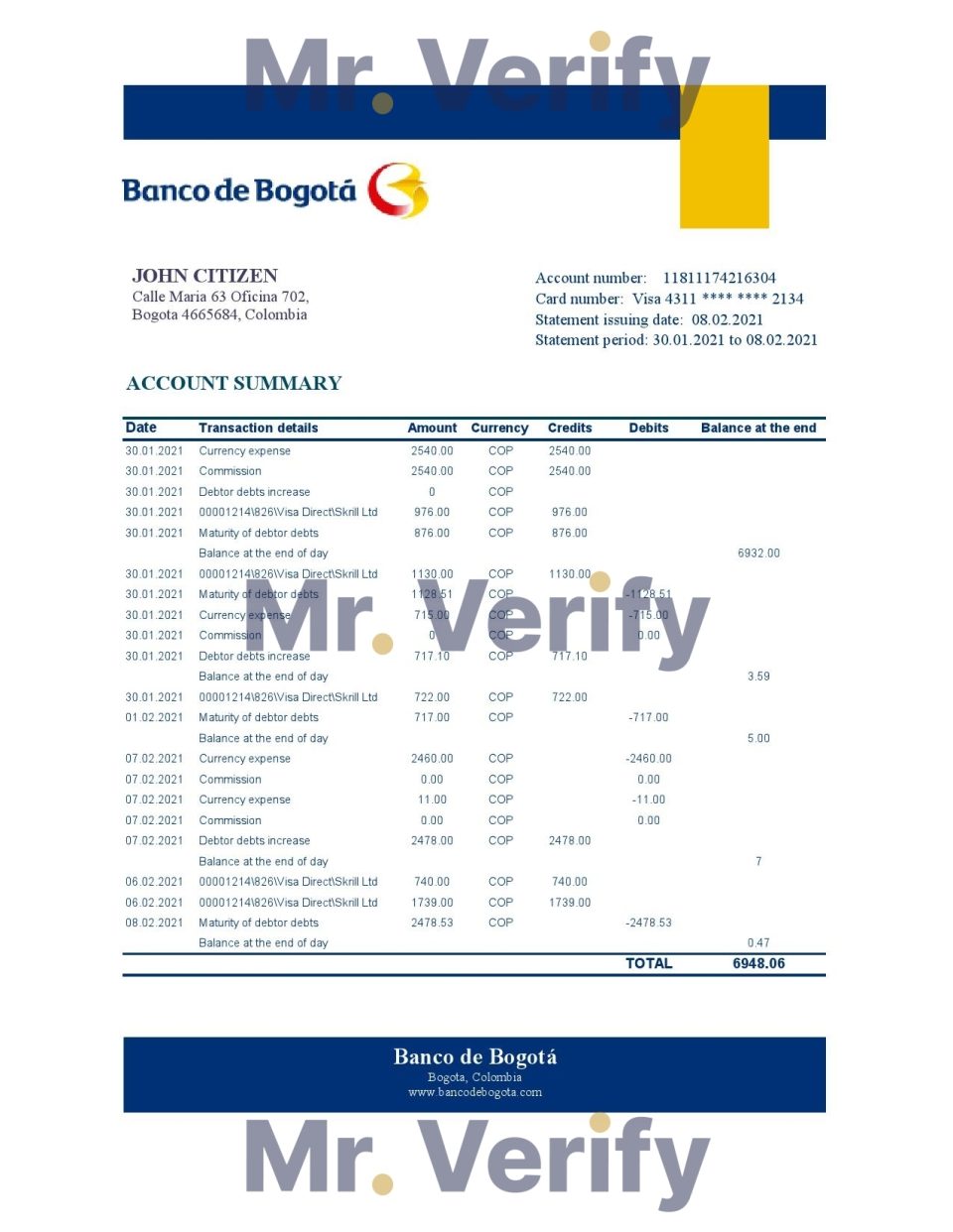 Colombia Banco de Bogotá bank statement easy to fill template in Excel and PDF format