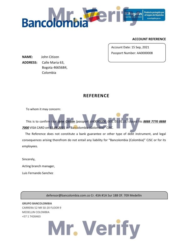 Colombia Bancolombia bank account reference letter template in Word and PDF format