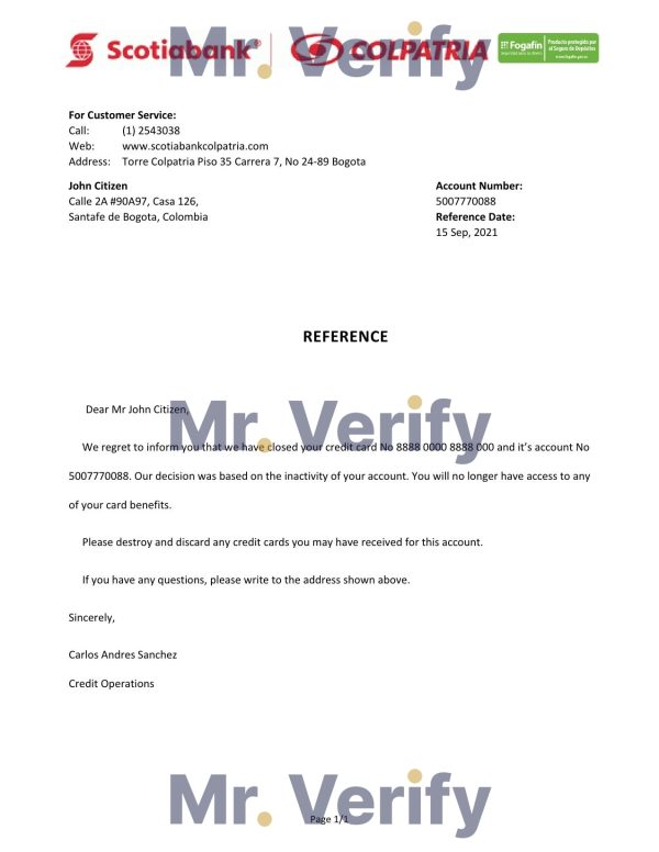 Download Colombia Scotiabank Colpatria Bank Reference Letter Templates | Editable Word